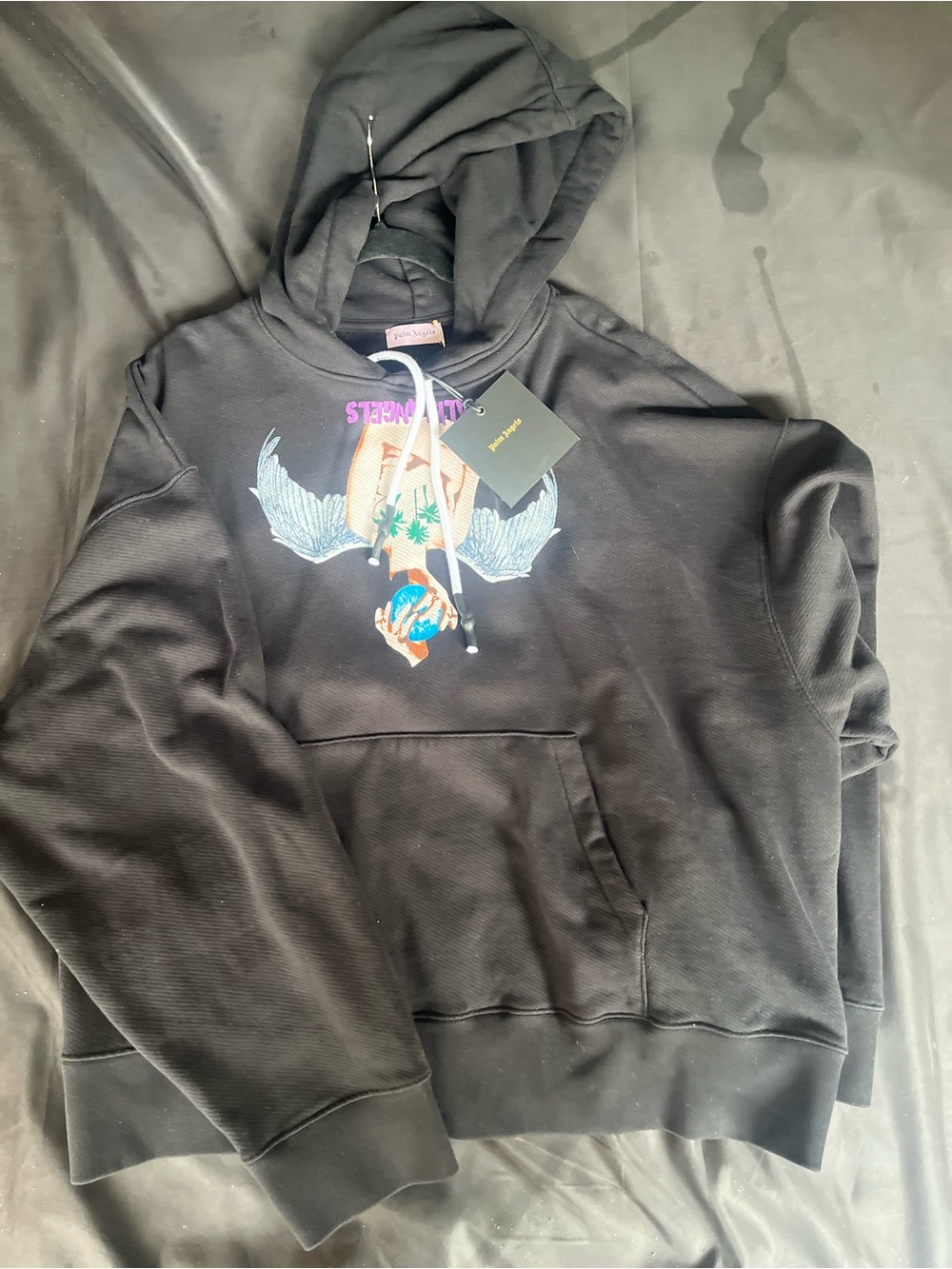 Palm Angels Black Hooded Sweatshirt with Multicolor Angel Graphic